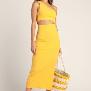 Lulus Spice Things Up Yellow Ribbed One-shoulder Cutout Midi Dress - Size M